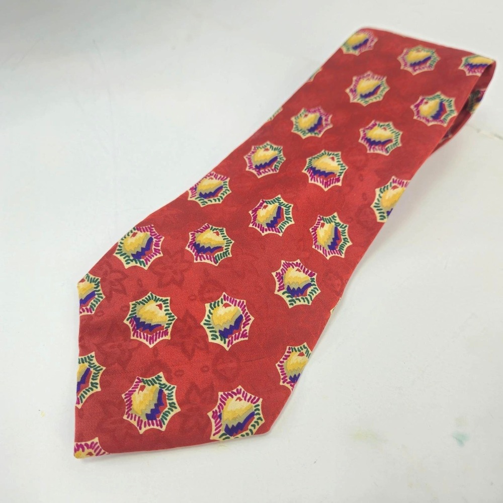 Vtg Chaps Ralph Lauren Mens 100% Silk Tie Red Geometric Medallion Jacquard USA